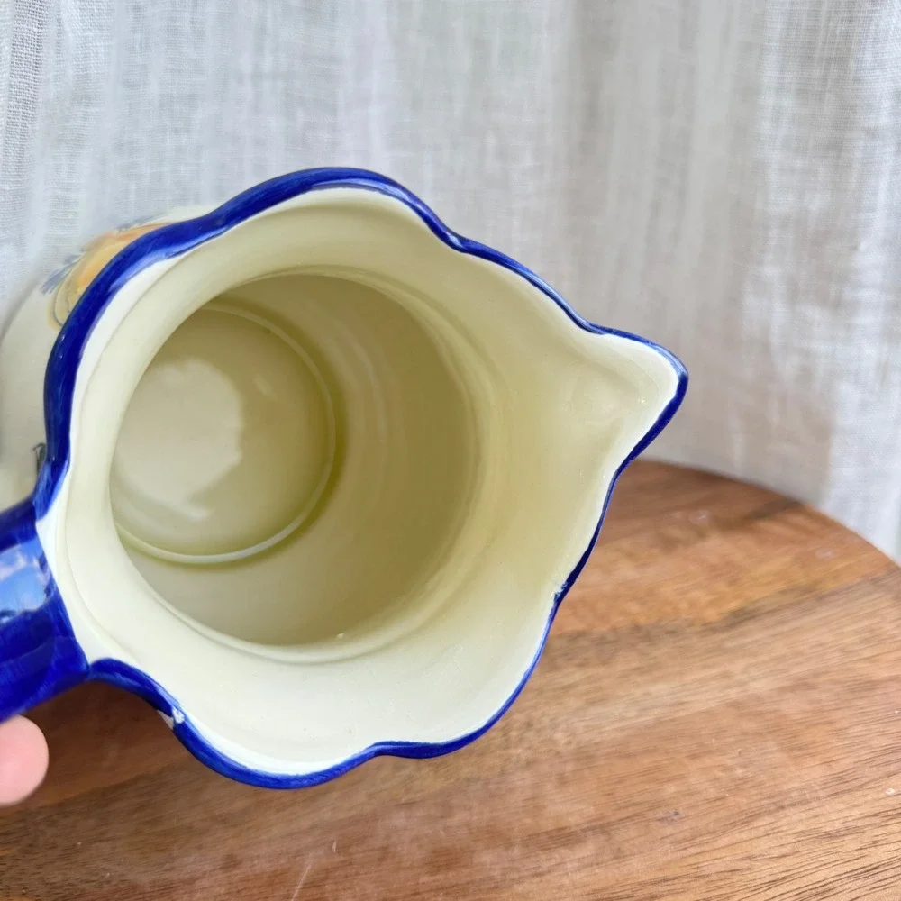 VTG J Wilifred‎ for Sadek Hand Painted Lemon Pitcher Blue Yellow Portugal 7 inch